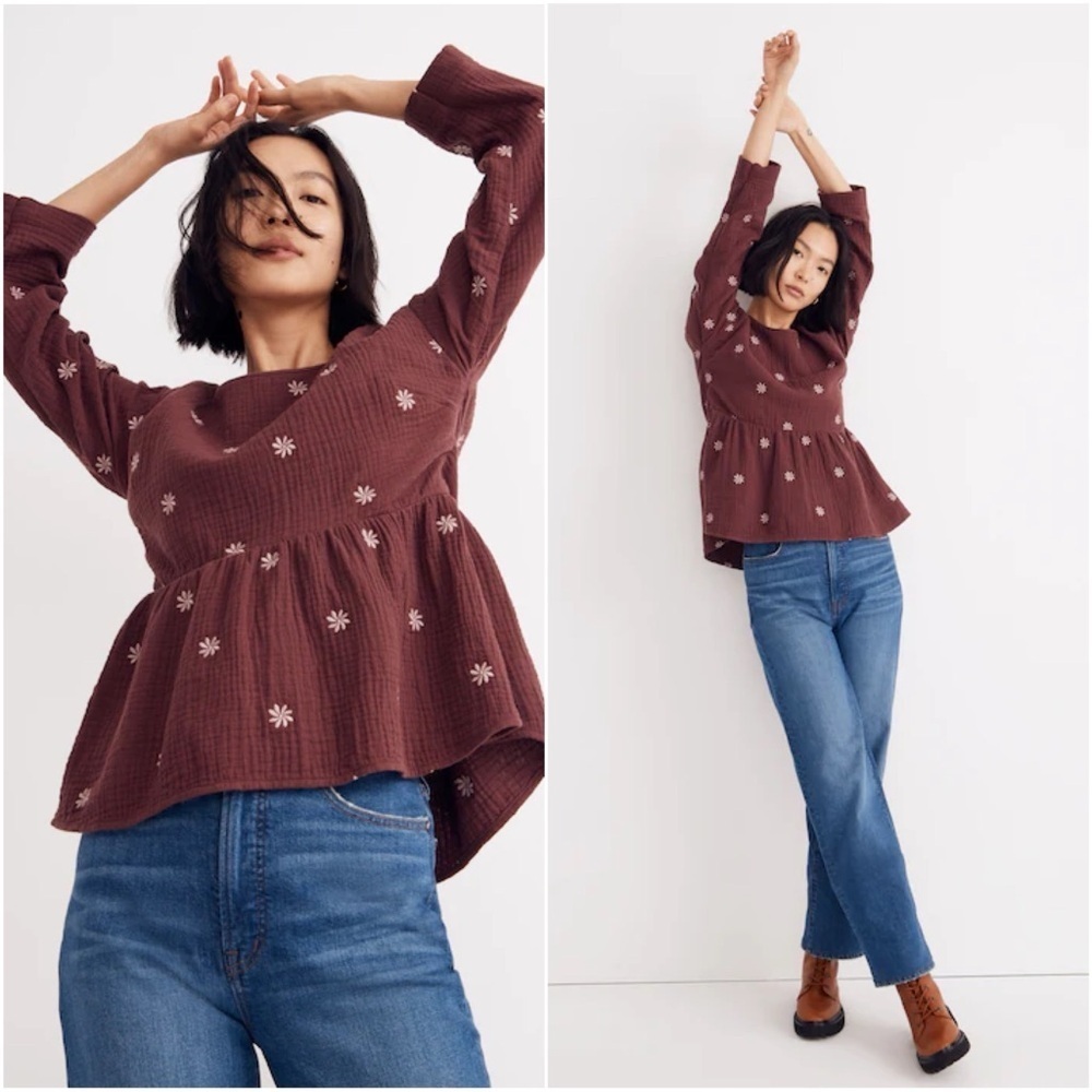Madewell Shirt Embroidered Lightspun Peplum Open-Back Top Vintage Mulberry Sz S